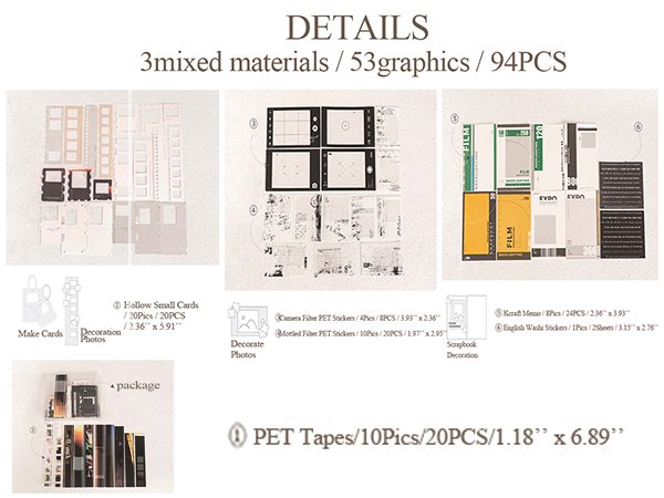 Collage of scrapbook paper kit contents including decorative cards, stickers, memos, and tape.