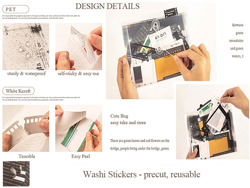 Collage of scrapbook paper kit contents and features, including PET stickers, washi stickers, memos, and cards in a clear pouch.