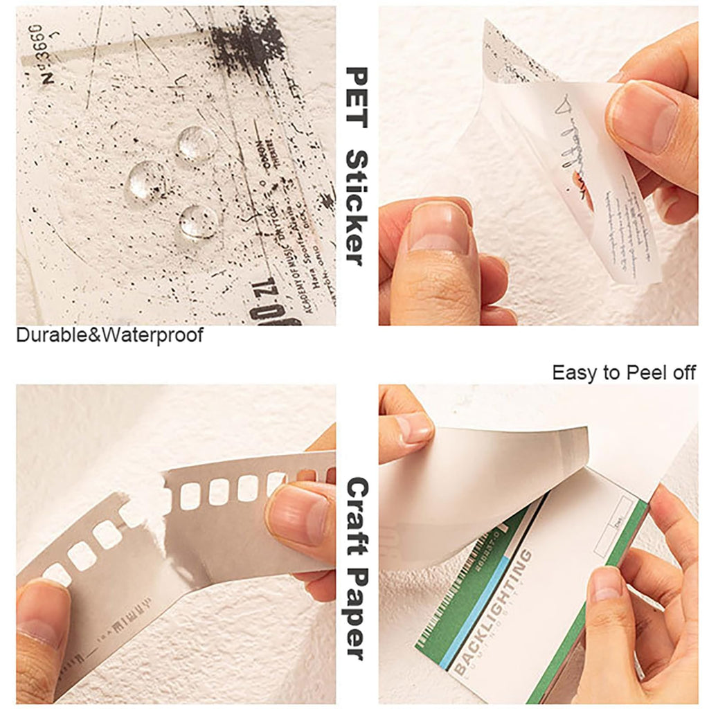 Collage of four close-up shots demonstrating features of scrapbook paper kit: waterproof surface, peeling sticker, tearing craft paper strip, and peeling backing.