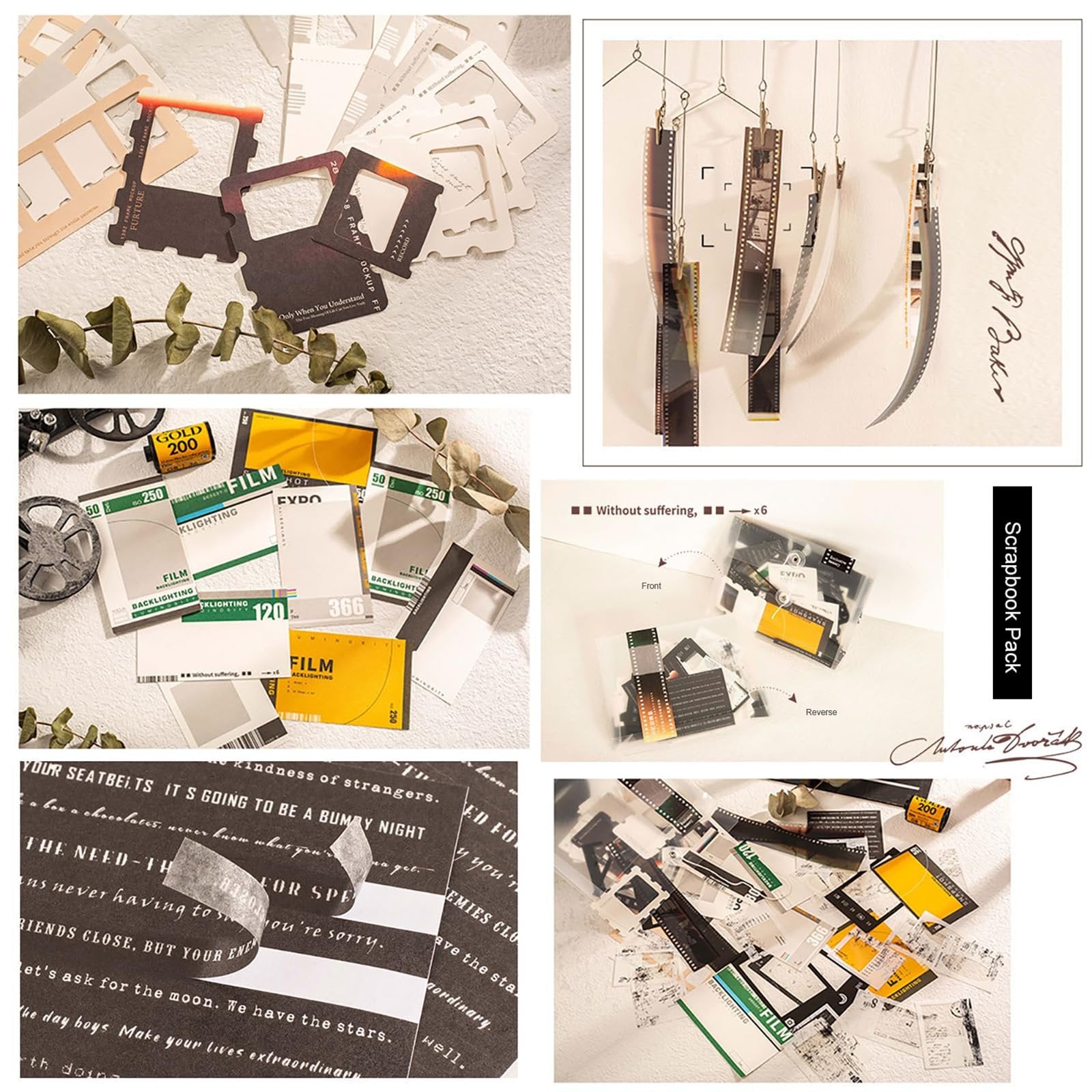 Collage of scrapbook paper kit items including film strips, photo frames, memo notes, and stickers.