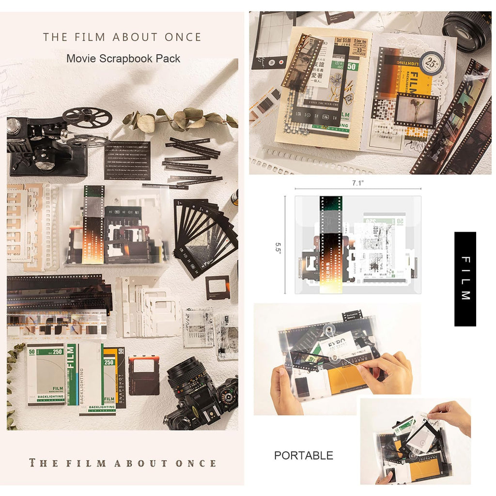 Collage of film-themed scrapbook paper kit items including vintage camera, film strips, stickers, and decorative paper.