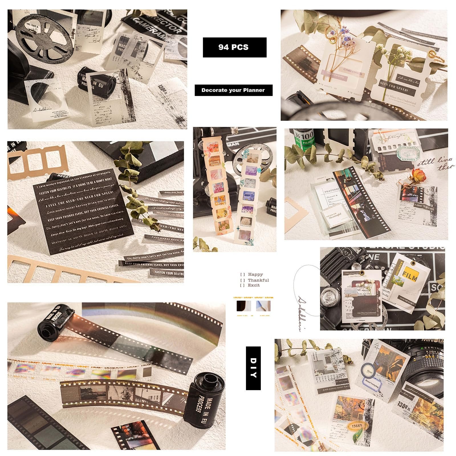 Collage of scrapbook paper kit items including film strips, stickers, memo notes, and washi tape.