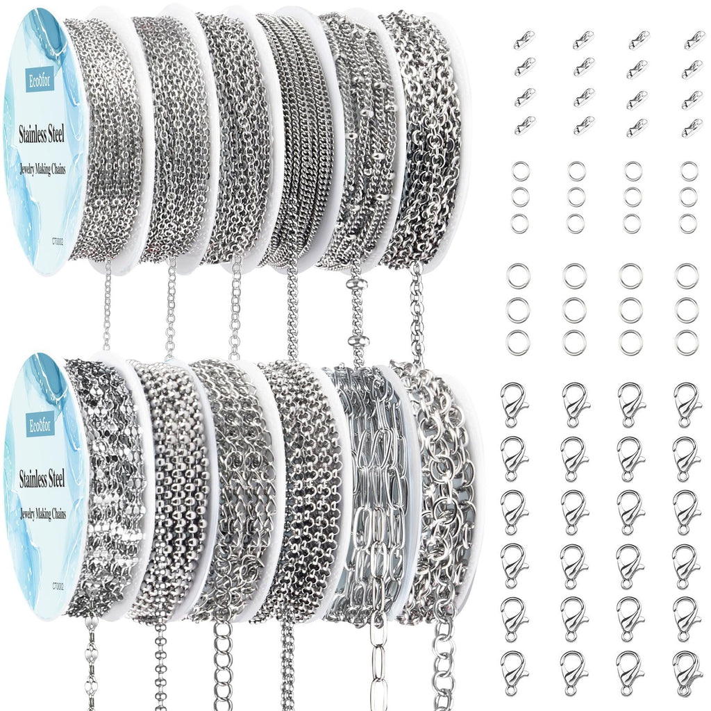 Two rows of spools with stainless steel jewelry chains and a separate grid of lobster clasps and jump rings.