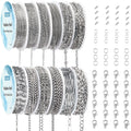 Two rows of spools with stainless steel jewelry chains and a separate grid of lobster clasps and jump rings.
