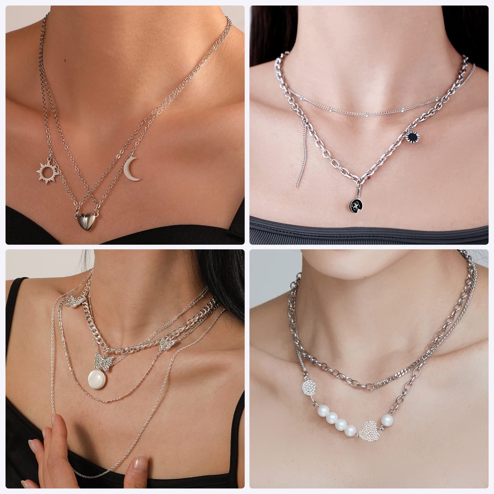 Four layered silver necklaces with charms like sun, moon, heart, butterfly, and pearls worn by models.