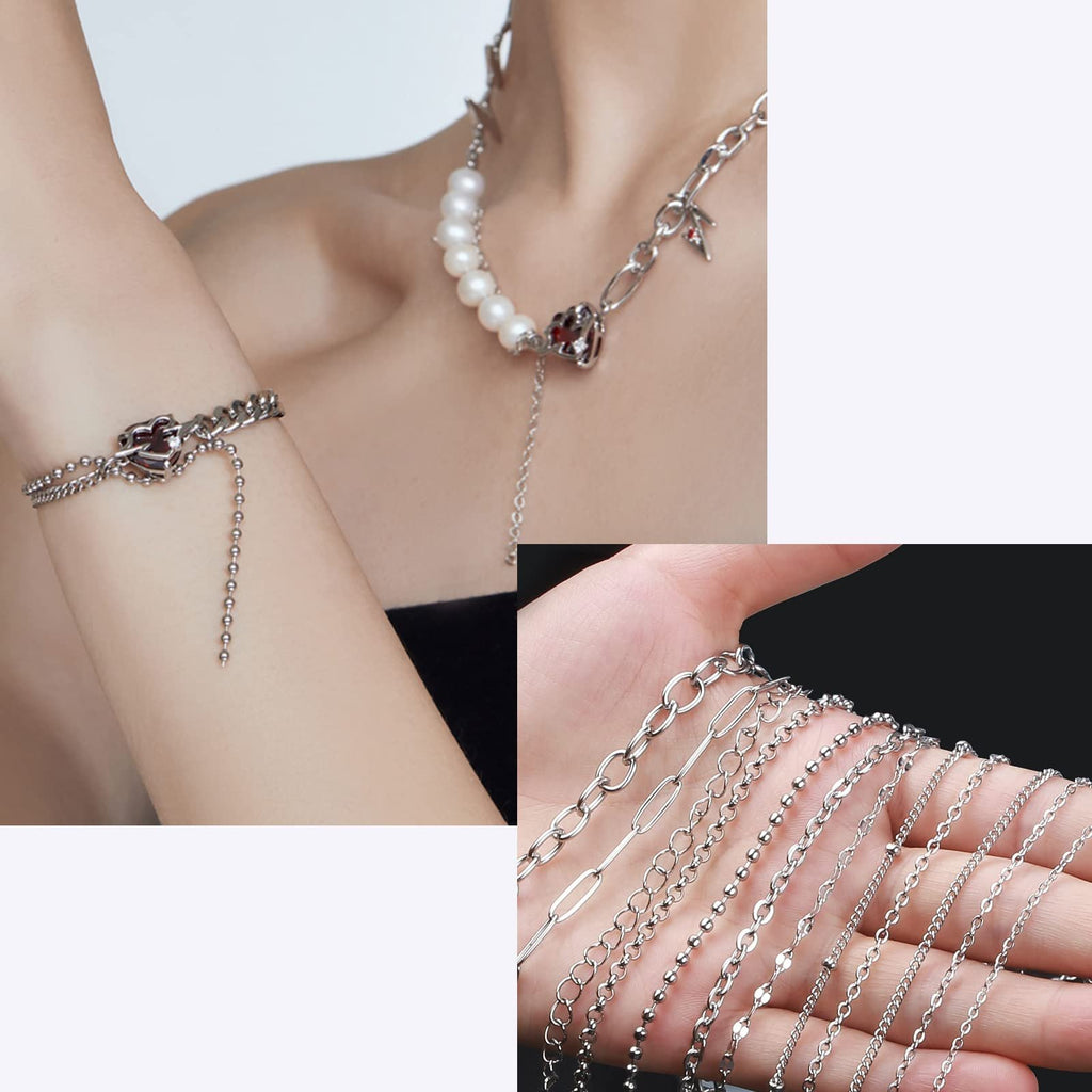 Collage of stainless steel jewelry chains, one worn as a bracelet and necklace, another displayed on a hand showing various styles.