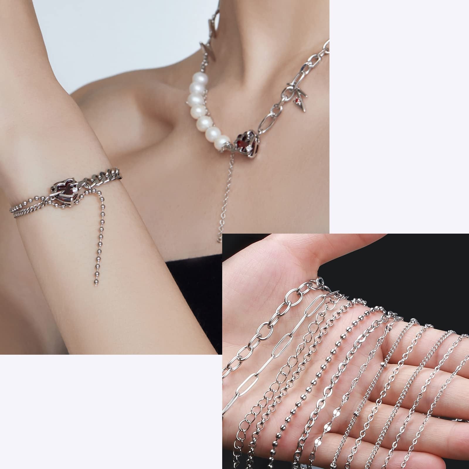 Collage of stainless steel jewelry chains, one worn as a bracelet and necklace, another displayed on a hand showing various styles.