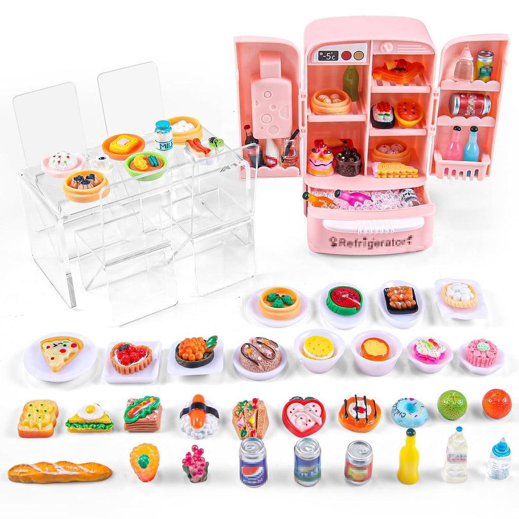 Dollhouse refrigerator and dining set with miniature food, table, chairs, and tableware on a white background.