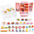 Dollhouse refrigerator and dining set with miniature food, table, chairs, and tableware on a white background.