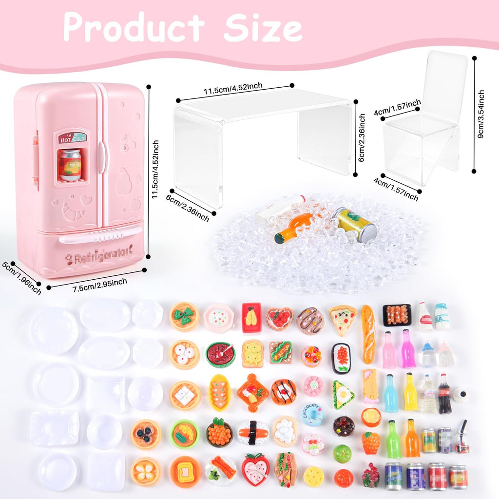 Dollhouse refrigerator and miniature food set with table, chairs, and tableware, showing dimensions.
