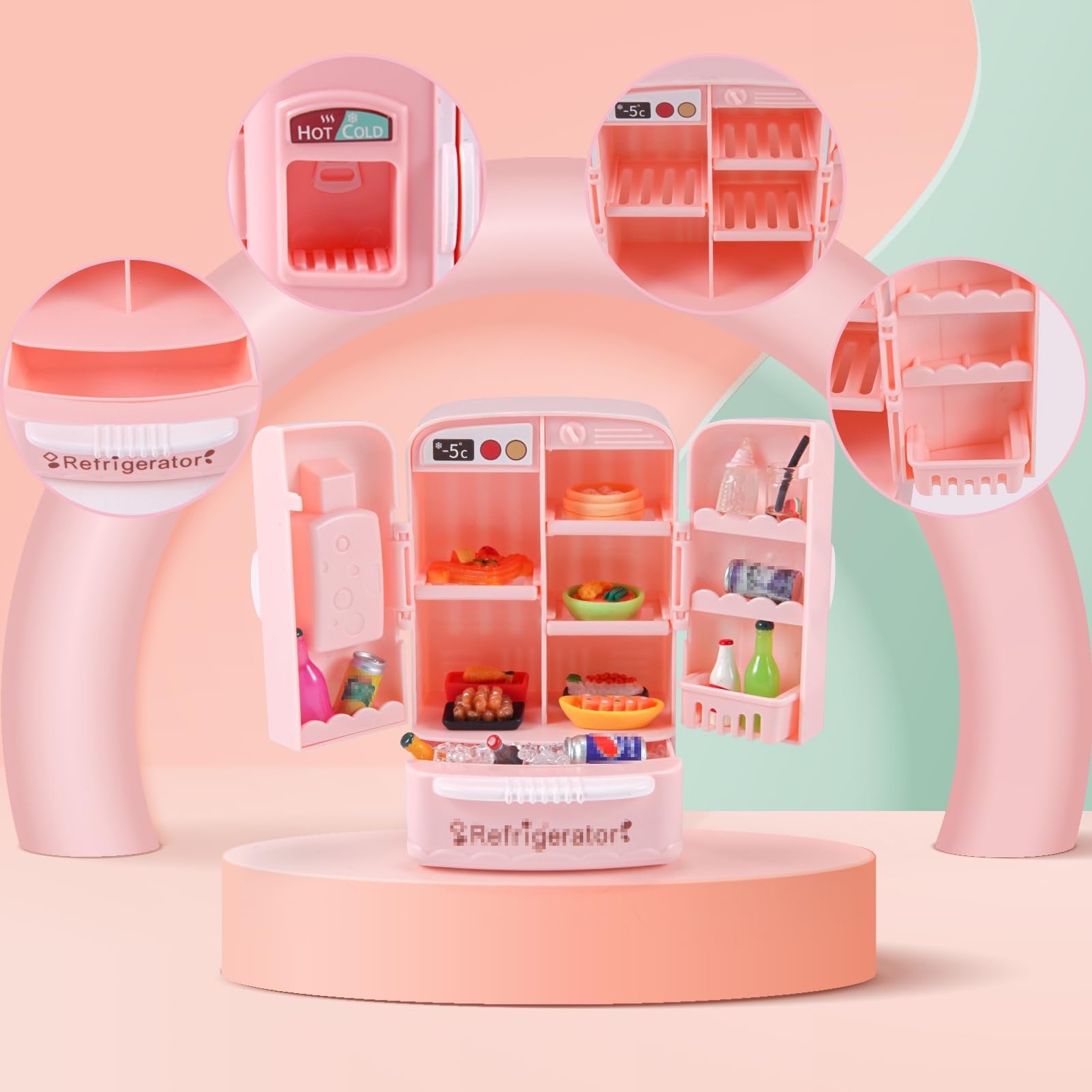 Pink toy refrigerator with miniature food and accessories, shown open with shelves and compartments.