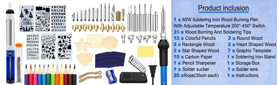 Wood burning kit contents including soldering iron, interchangeable tips, stencils, wood pieces, colored pencils, and storage case.