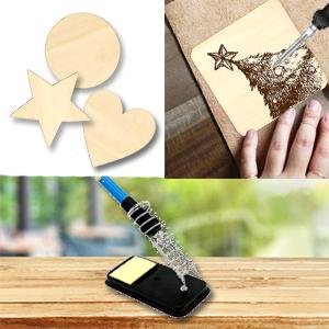 Collage of wood burning kit items: wooden shapes, soldering iron tip on wood, and soldering iron stand.