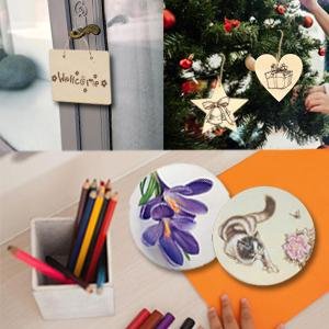 Collage of wood burning craft projects: welcome sign on door, ornaments on Christmas tree, colored pencils, and decorated wooden discs.