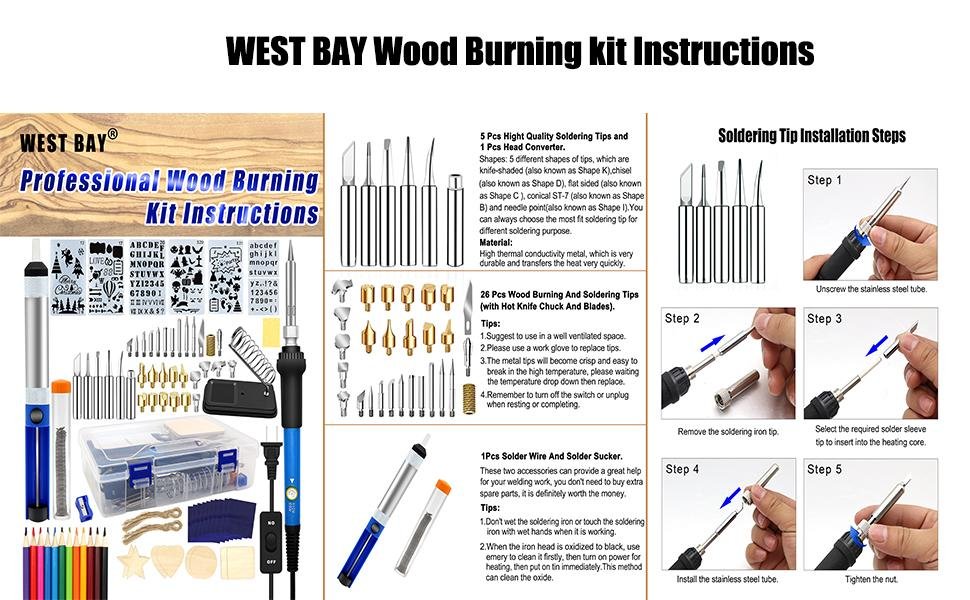 Wood burning kit contents and instructions with soldering pen, multiple tips, stencils, and accessories.