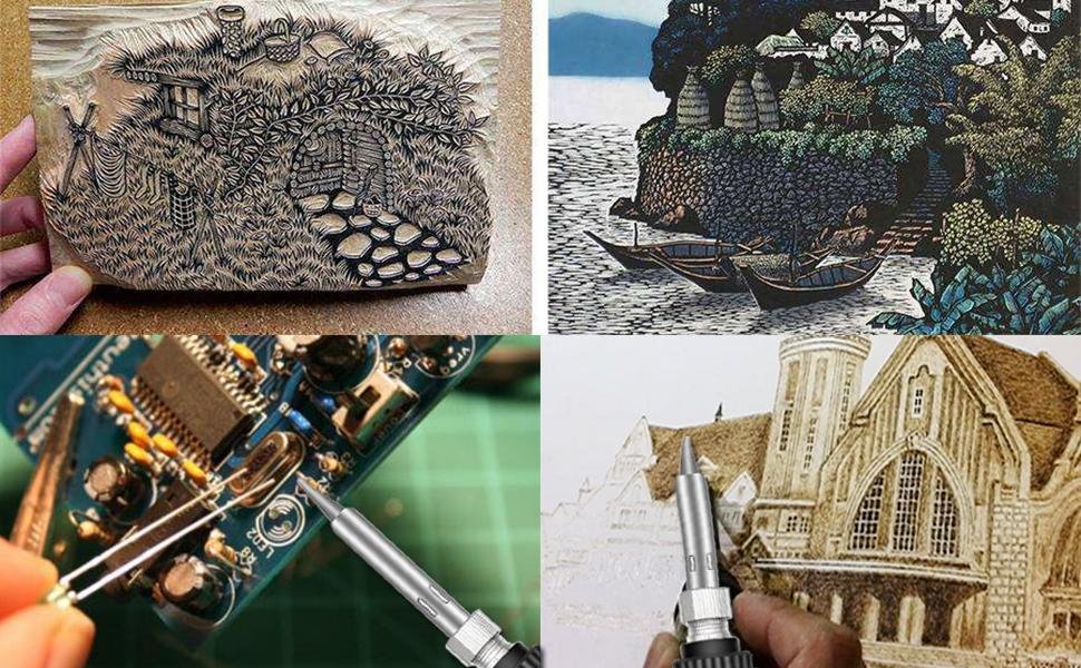 Collage of wood burning art and soldering a circuit board with a wood burning pen