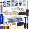 95-piece wood burning kit contents laid out, including soldering pens, interchangeable tips, stencils, wood shapes, colored pencils, and carrying case.