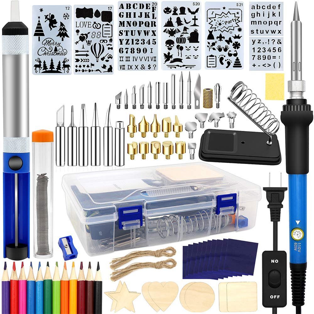 95-piece wood burning kit contents laid out, including soldering pens, interchangeable tips, stencils, wood shapes, colored pencils, and carrying case.
