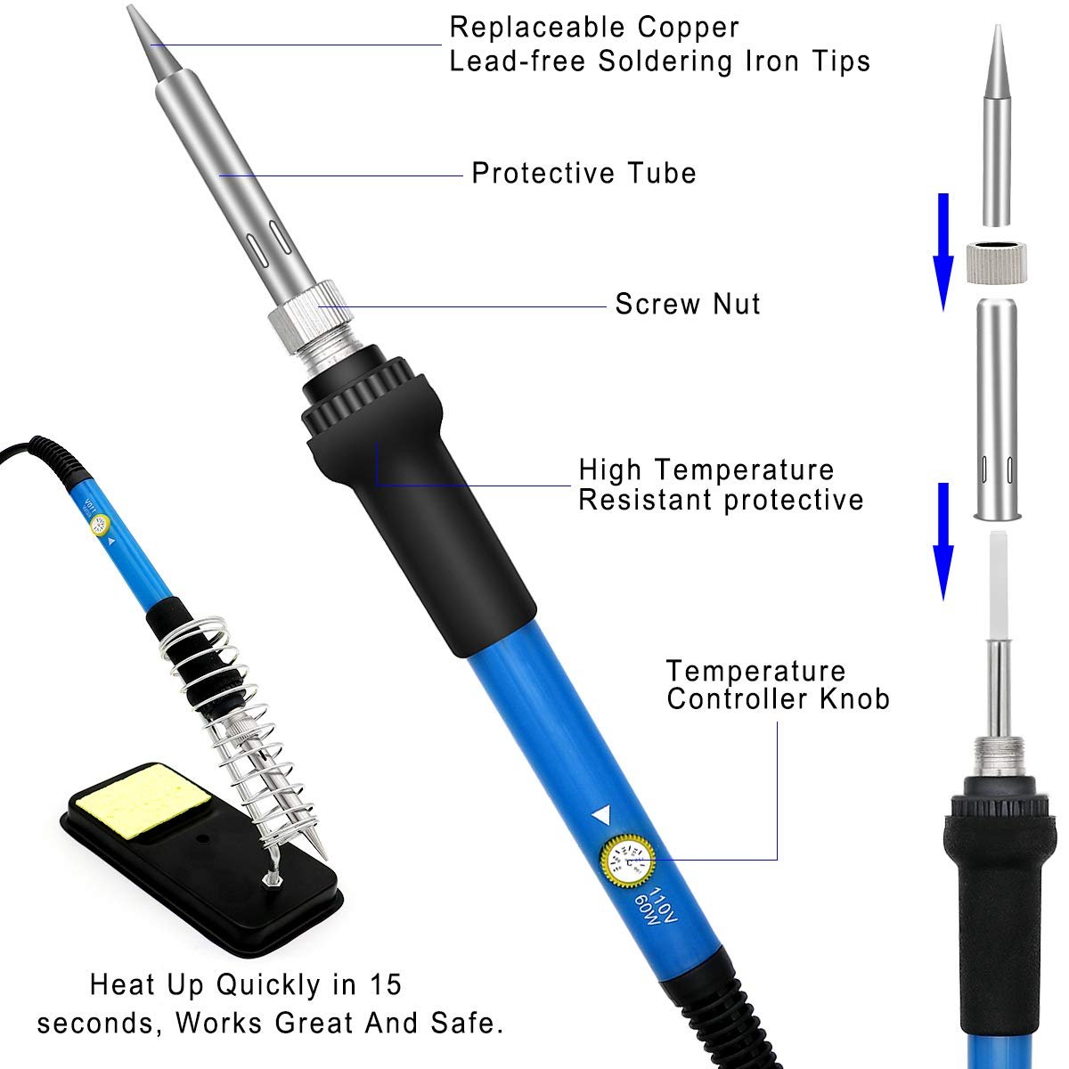 Wood burning kit soldering iron with adjustable temperature control and stand, showing interchangeable tips and heat-up feature.