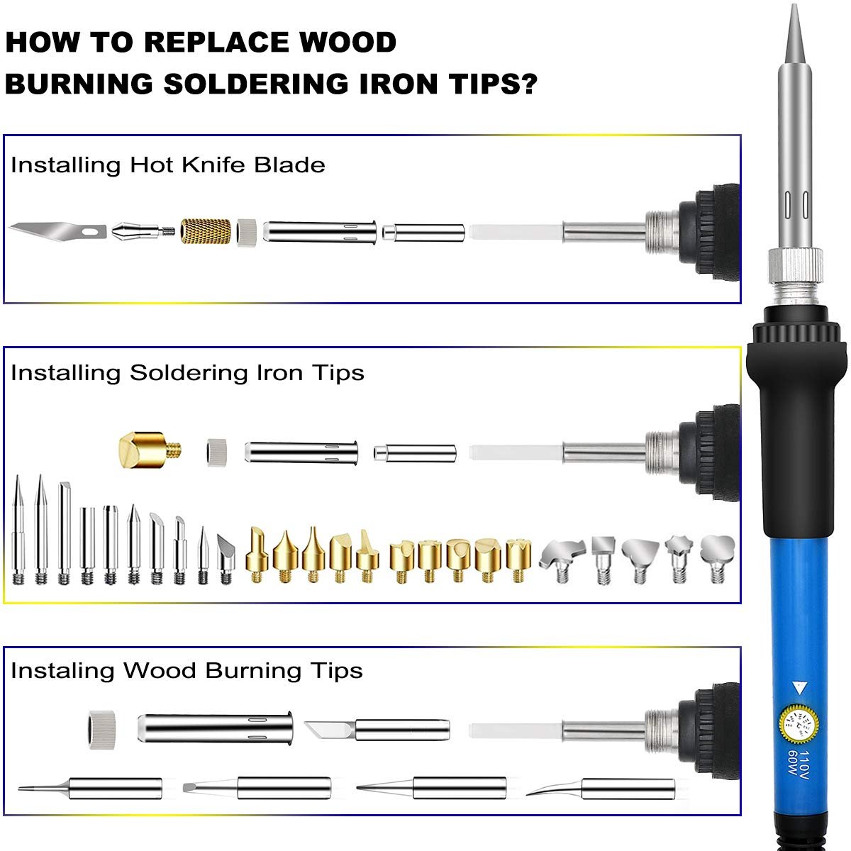 Wood burning soldering iron with interchangeable tips and instructions on how to replace them.