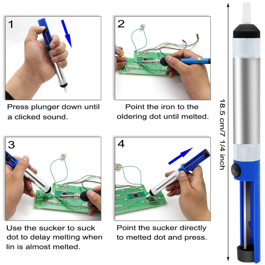 Four-step guide showing how to use a desoldering tool on a circuit board, with a diagram of the tool on the right.