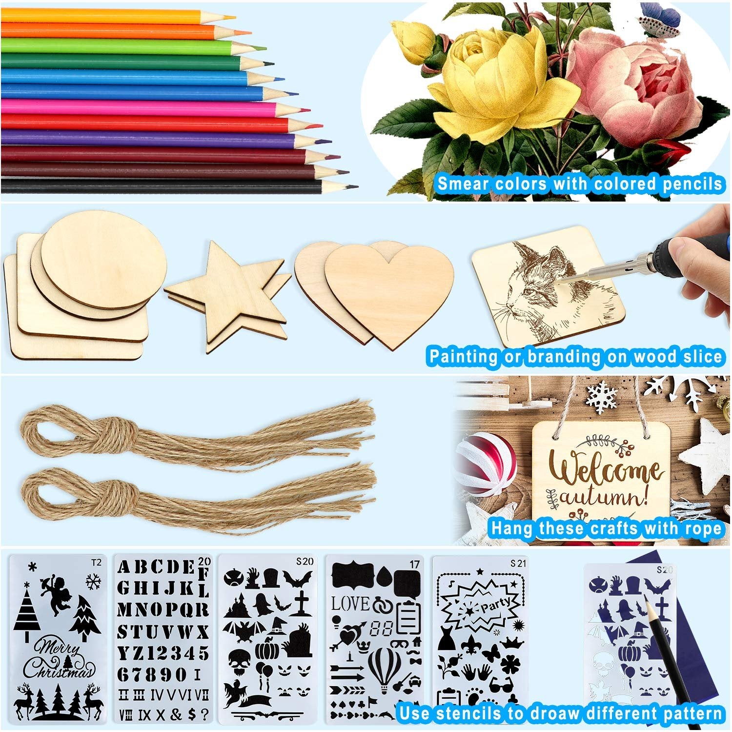 Collage of craft supplies including colored pencils, wood slices, twine, and stencils for wood burning.