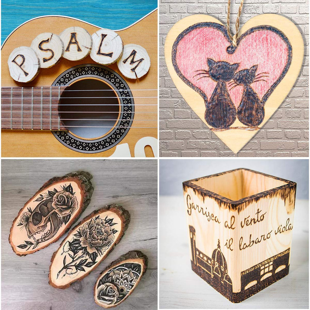 Collage of wood burning art: guitar with wood letters, heart with cats, wood slices with designs, and a wooden box with Italian text and building.