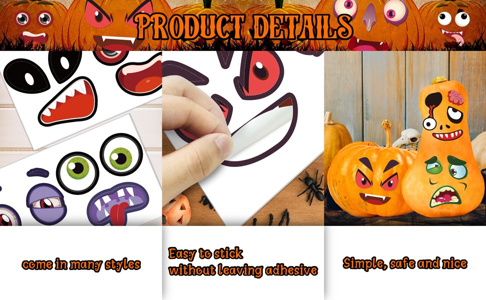 Pumpkin decorating stickers with various eyes, mouths, and accessories for Halloween crafts.