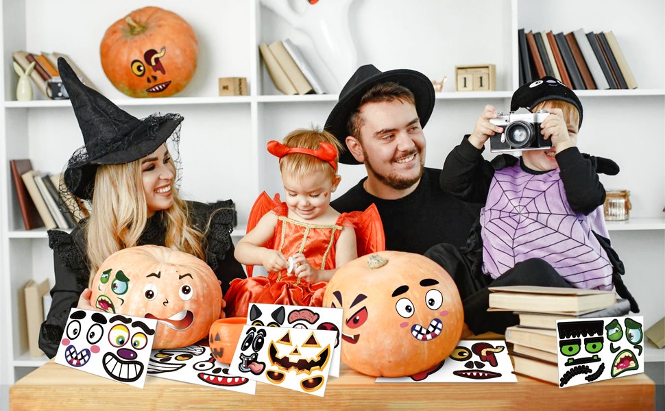 Family in Halloween costumes decorating pumpkins with stickers, one child takes a photo with a vintage camera.