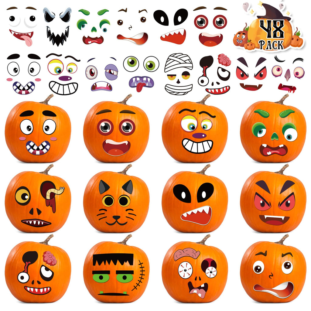 Twelve pumpkins decorated with various Halloween face stickers, including spooky, funny, and monster designs.