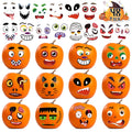 Twelve pumpkins decorated with various Halloween face stickers, including spooky, funny, and monster designs.