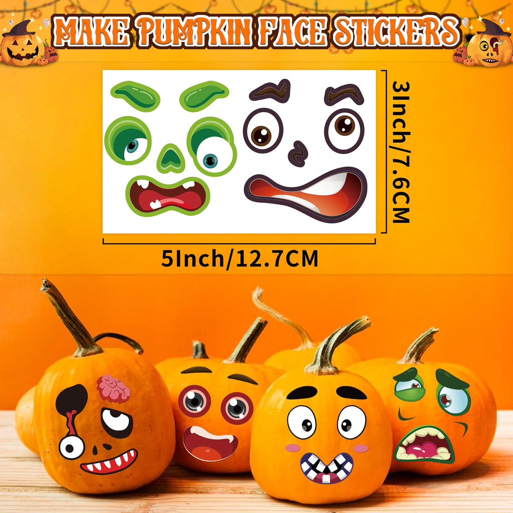 Assortment of Halloween pumpkin decorating stickers and decorated pumpkins on a wooden surface.
