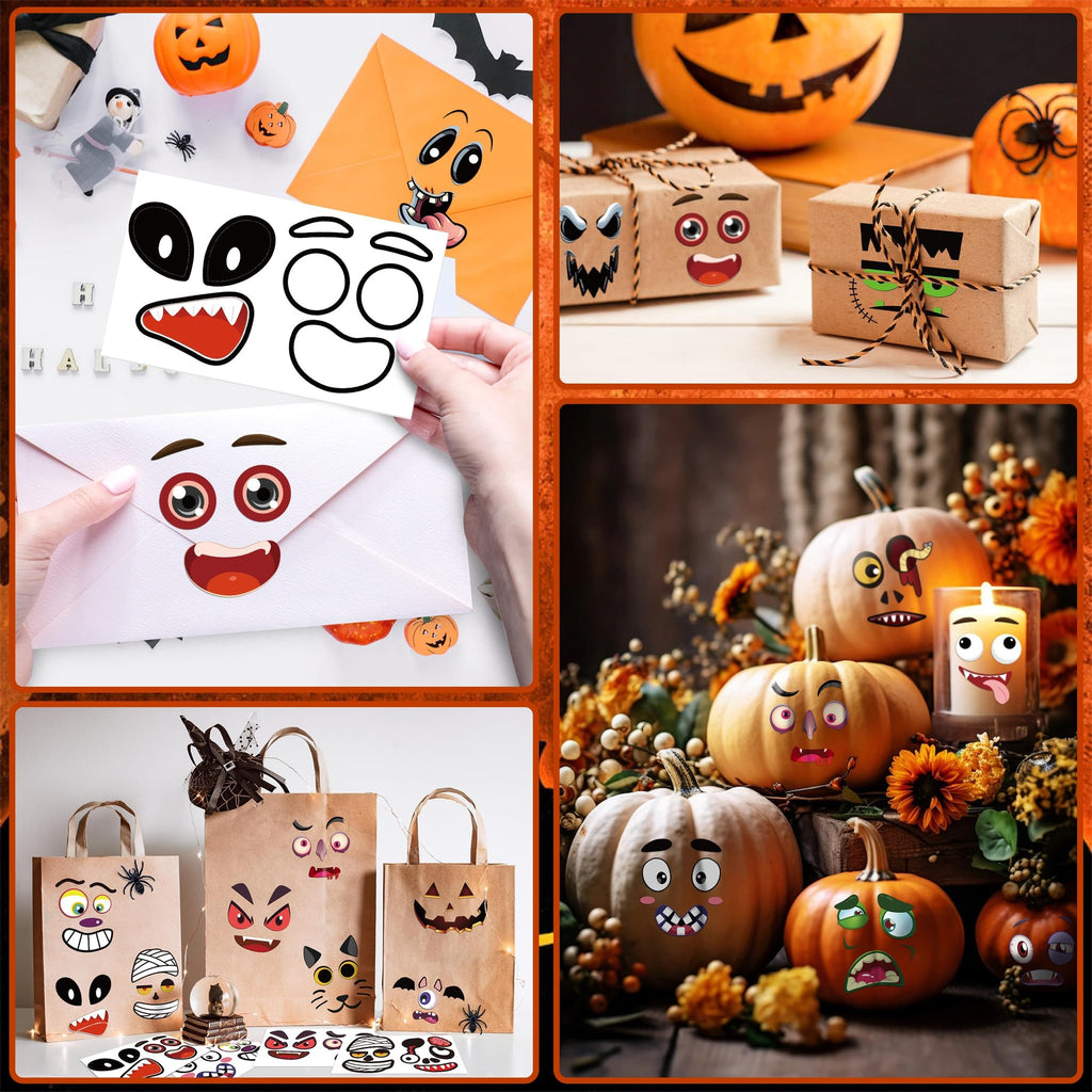 Collage of Halloween crafts: pumpkin decorating stickers, decorated gift boxes, and pumpkins with sticker faces.