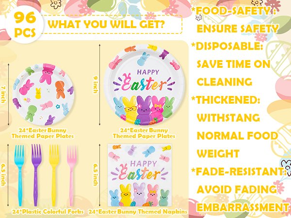 Easter bunny themed tableware set for 24 guests, showing plates, napkins, and forks with dimensions and quantity.