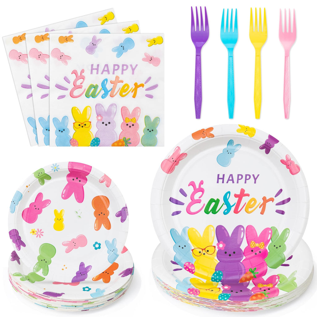 Easter bunny tableware set with plates, napkins, and forks on a white background. Includes colorful bunny designs and 'Happy Easter' text.
