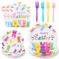 Easter bunny tableware set with plates, napkins, and forks on a white background. Includes colorful bunny designs and 'Happy Easter' text.