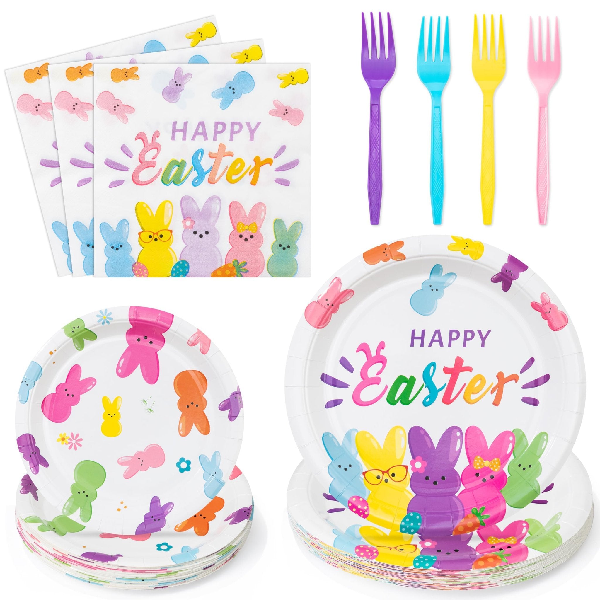 Easter bunny tableware set with plates, napkins, and forks on a white background. Includes colorful bunny designs and 'Happy Easter' text.