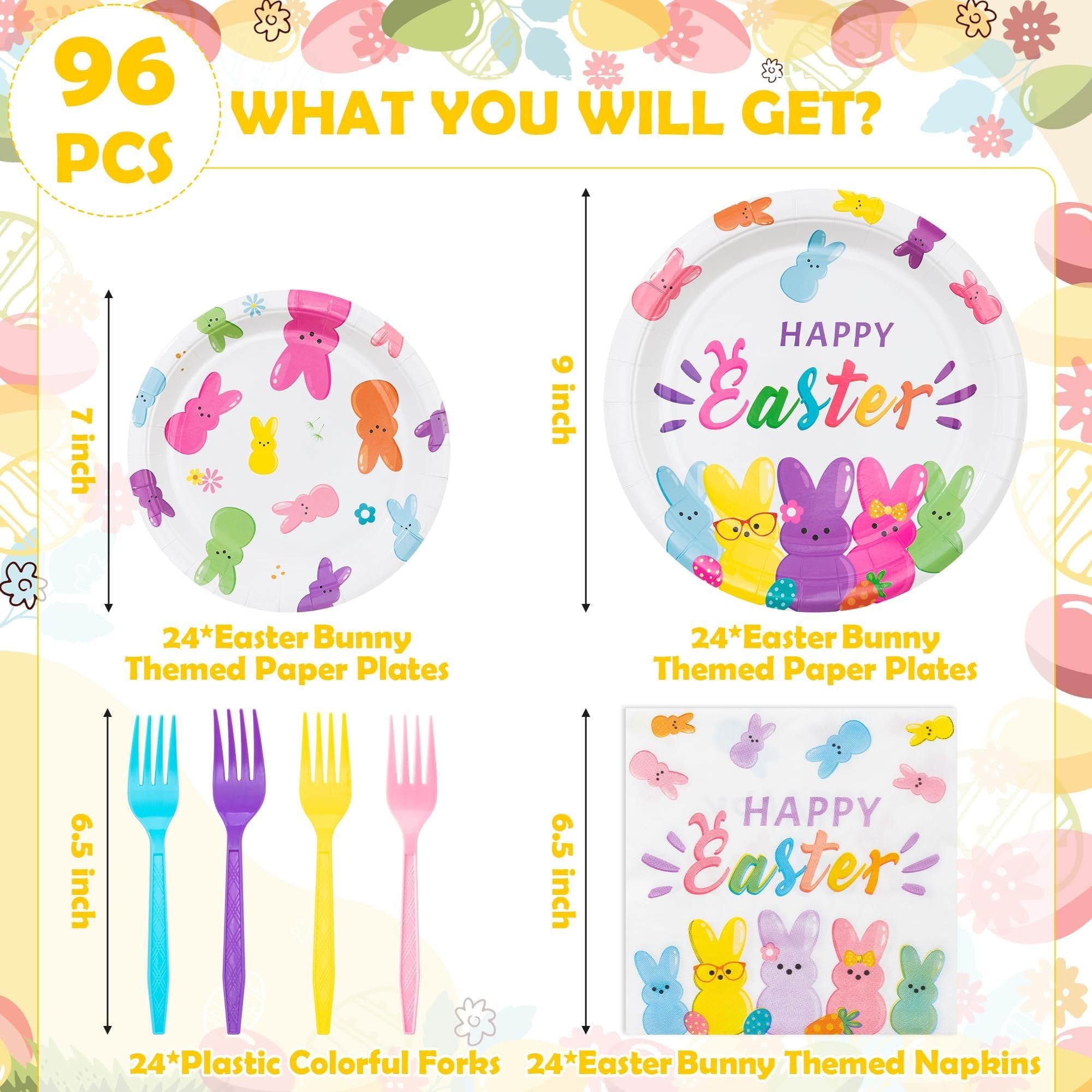 Easter bunny themed tableware set for 24 guests, showing 9-inch plates, 7-inch plates, colorful forks, and napkins.