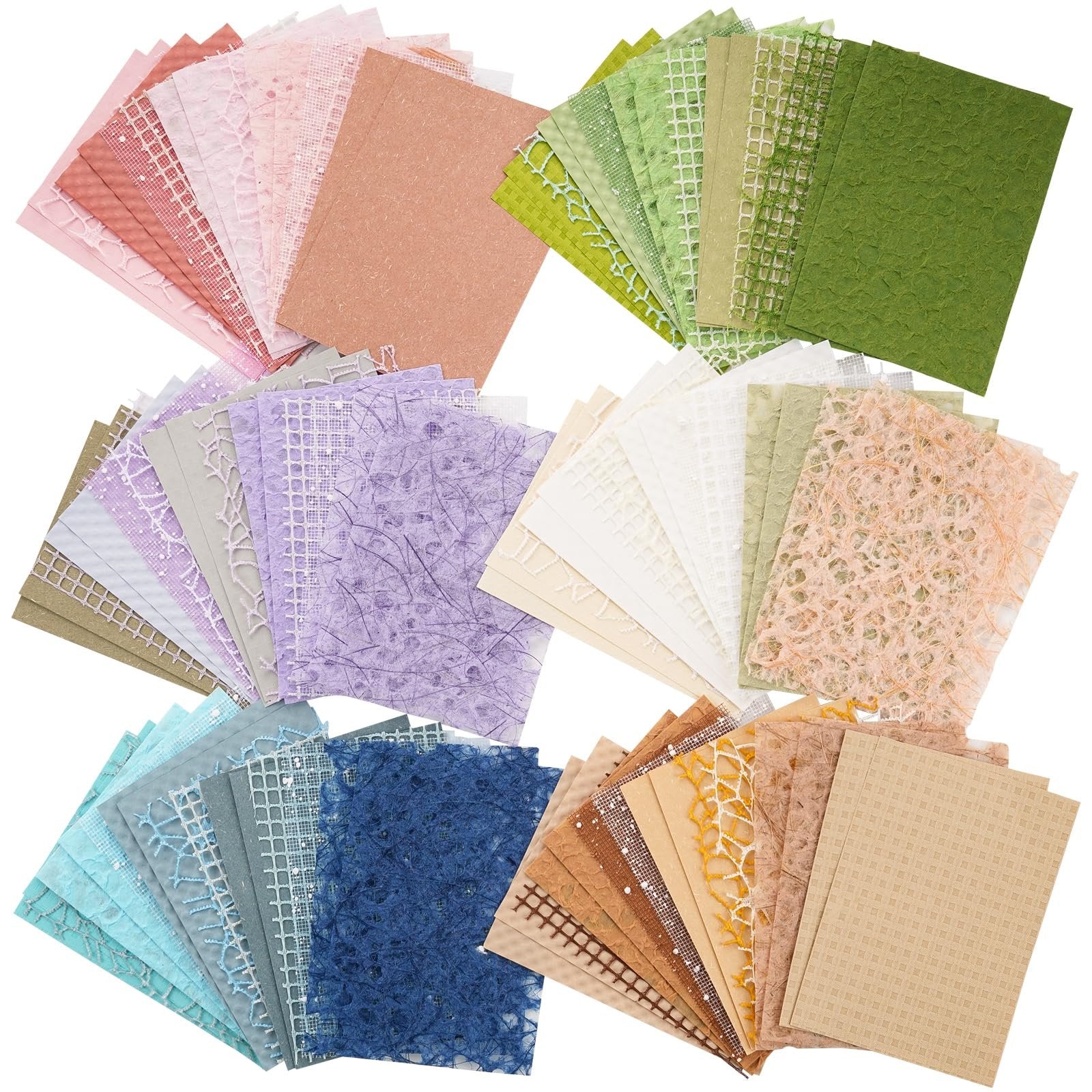 Assortment of textured scrapbook paper and mesh fabric sheets in various colors, fanned out.