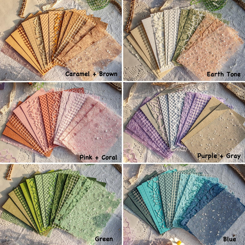 Six color palettes of textured scrapbook paper and mesh fabric, fanned out on a white surface.