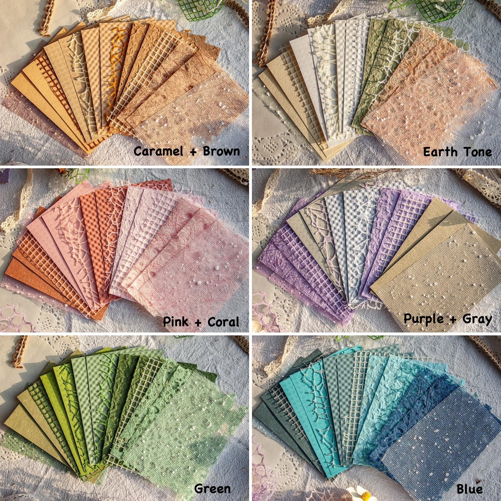 Six color palettes of textured scrapbook paper and mesh fabric, fanned out on a white surface.