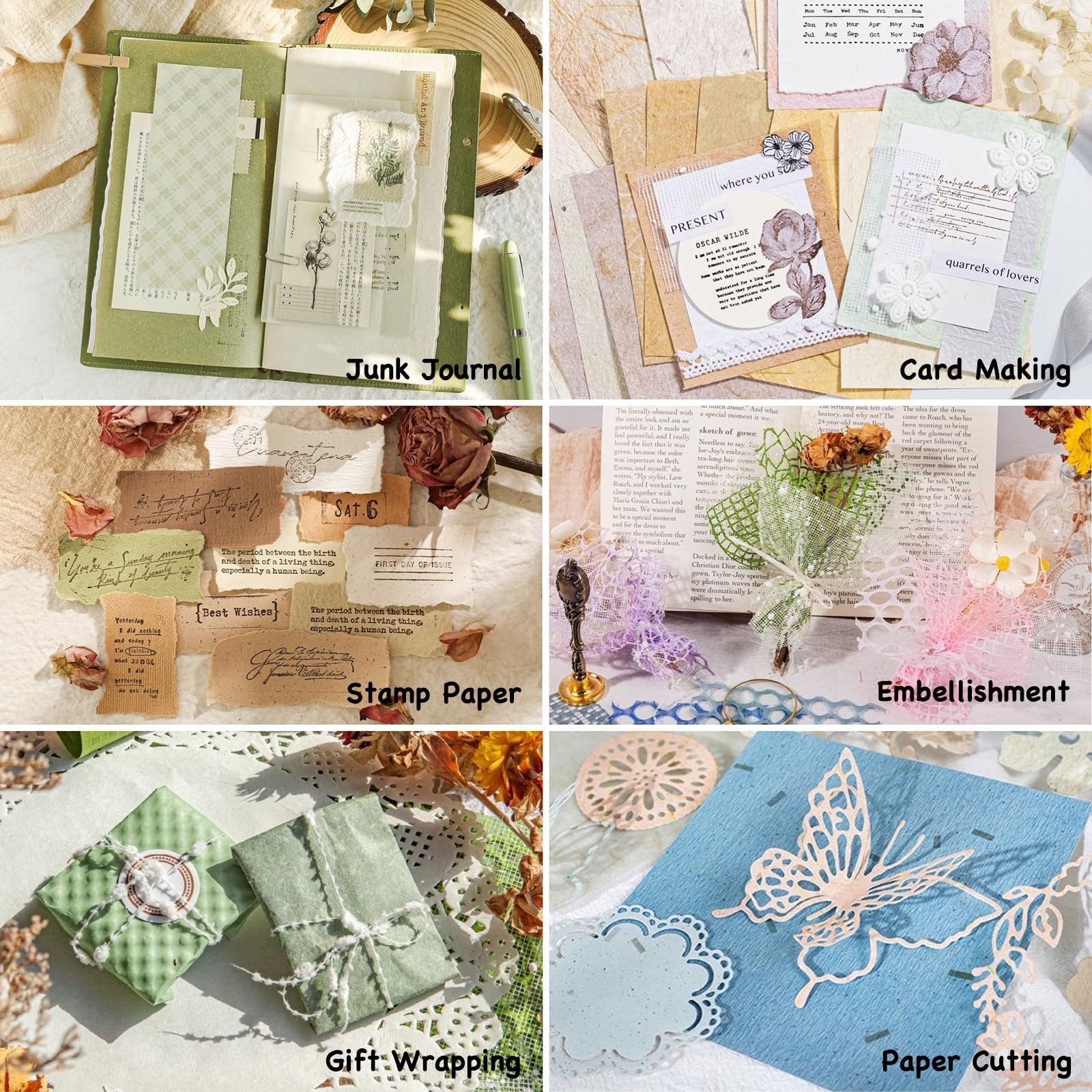 Collage of six craft project examples: junk journal, card making, stamp paper, embellishments, gift wrapping, and paper cutting.
