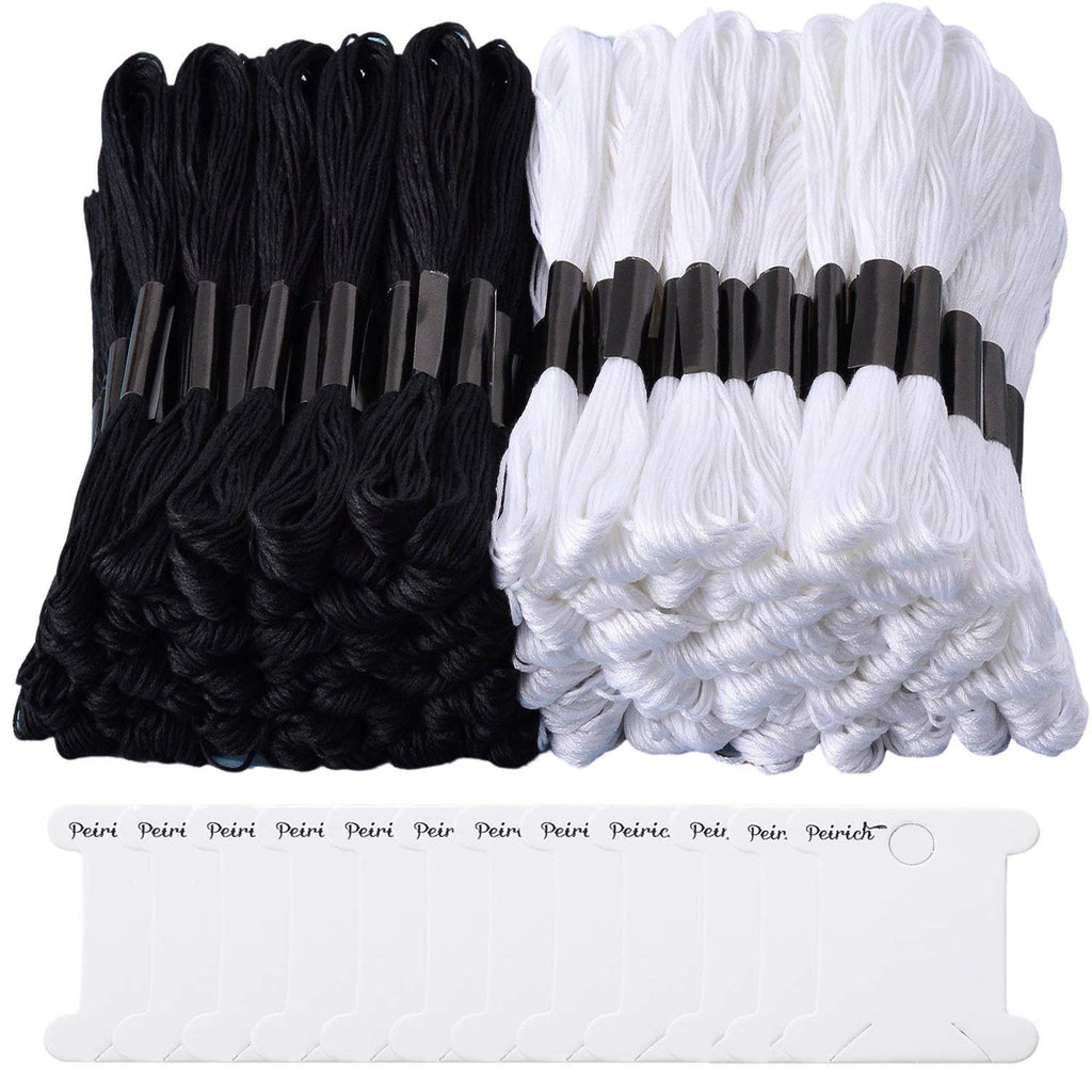 Two bundles of black and white embroidery floss with a white bobbin organizer below, each bobbin labeled with brand text.