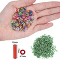 Hand holding colorful bugle seed beads next to a pile of green bugle seed beads with size dimensions shown.