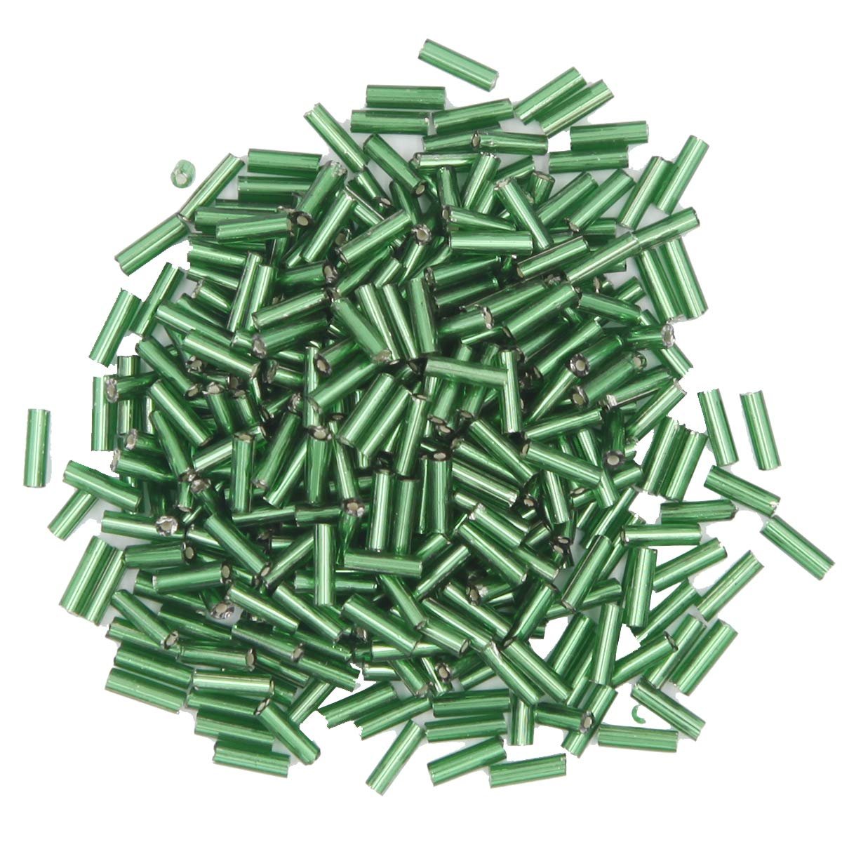 Pile of green glass bugle seed beads on a white background, top-down view.