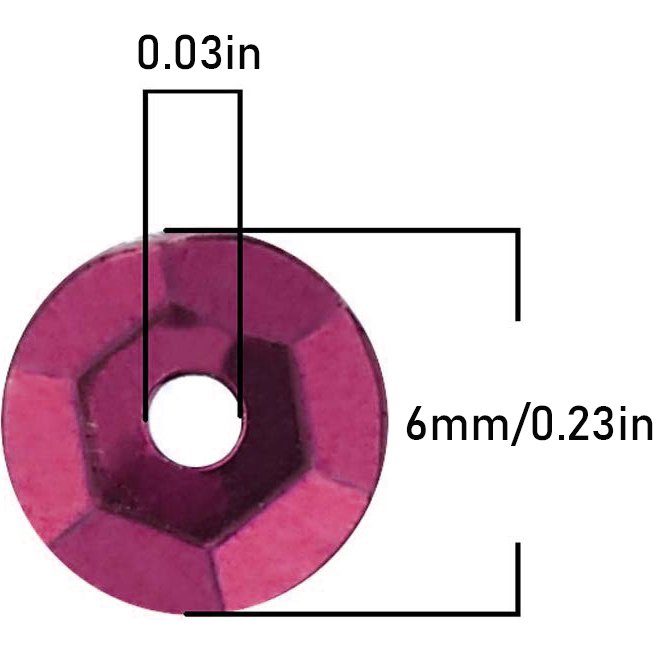 Single magenta round cup sequin with hole, showing dimensions 6mm/0.23in and 0.03in.