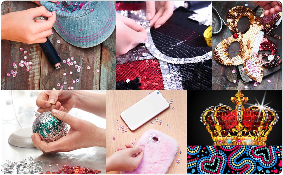 Collage of hands crafting with colorful round cup sequins for DIY projects, including decorating a cap, mask, ornament, and phone case.