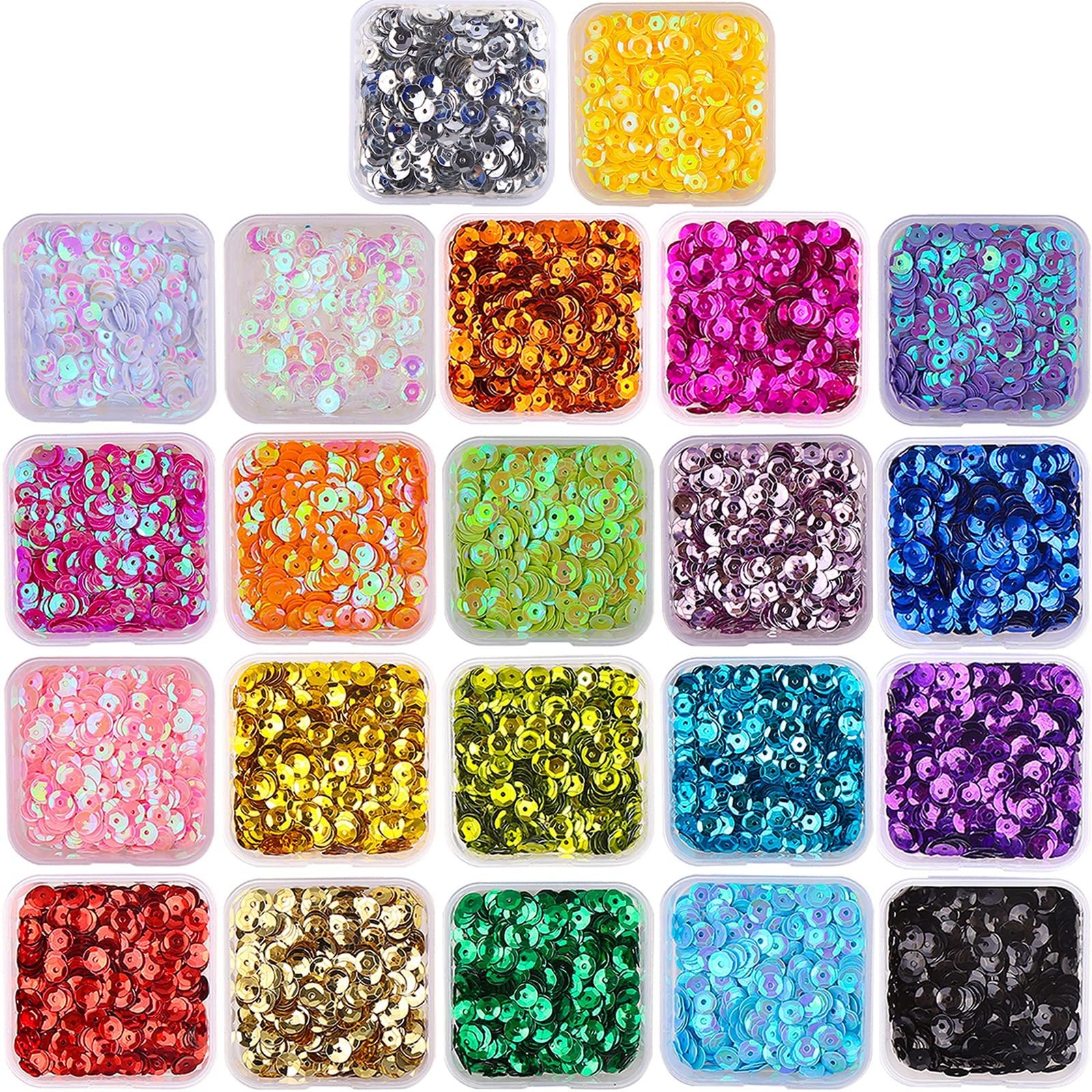 Collection of 22 small plastic containers filled with colorful round cup sequins for crafts.
