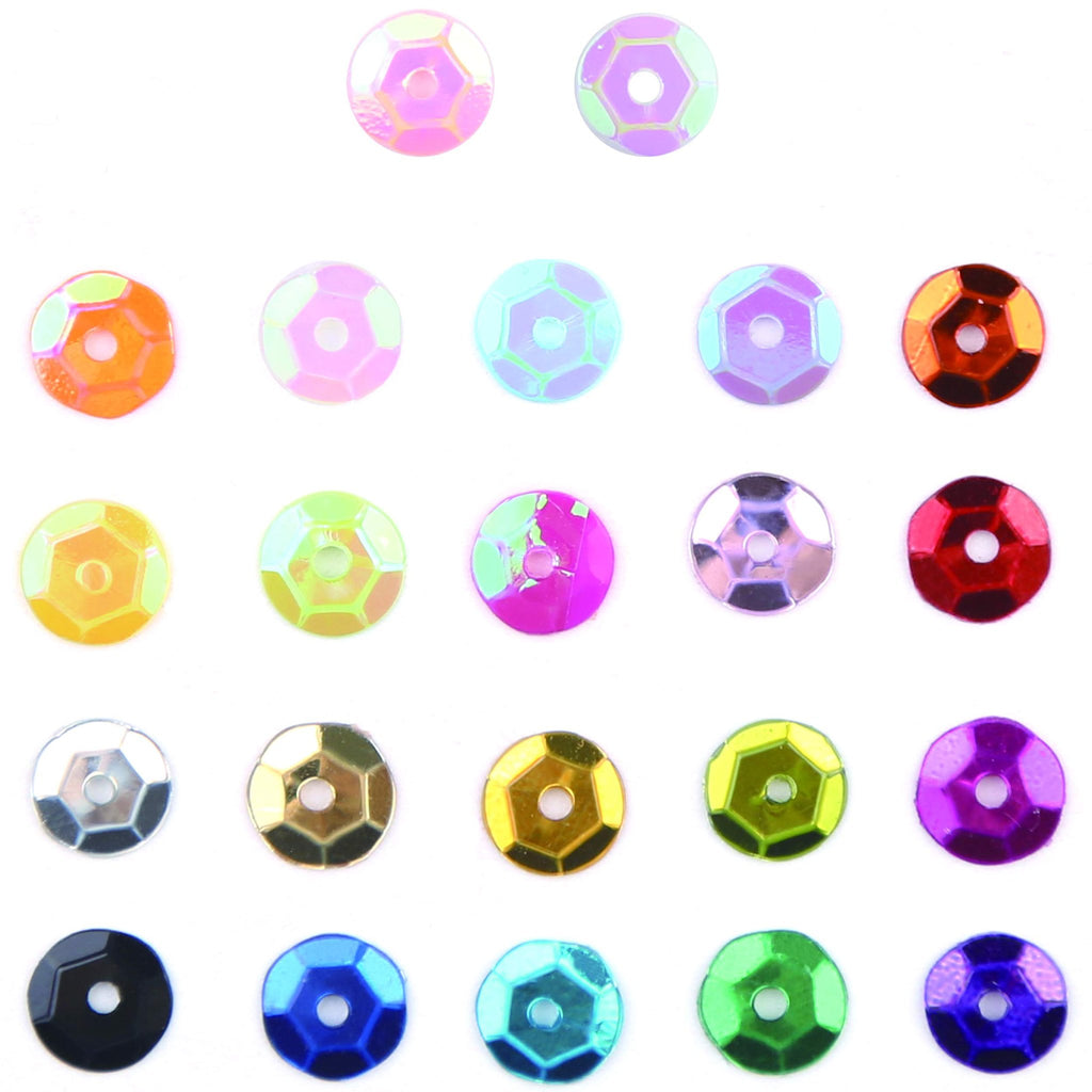 Assortment of 6mm round cup sequins in 22 colors, shown on a white background.
