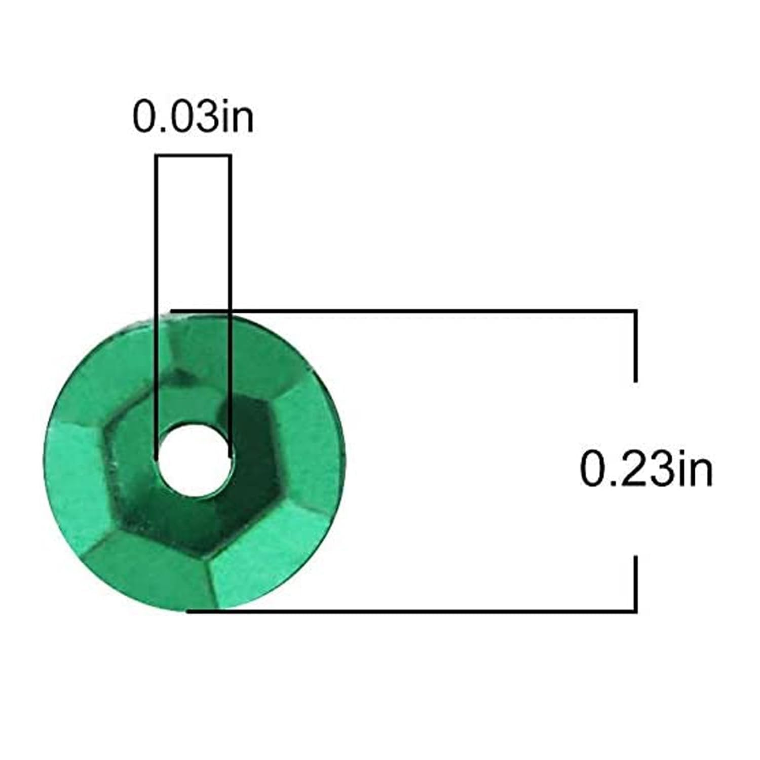 Green round cup sequin with hole, showing dimensions 0.03in and 0.23in